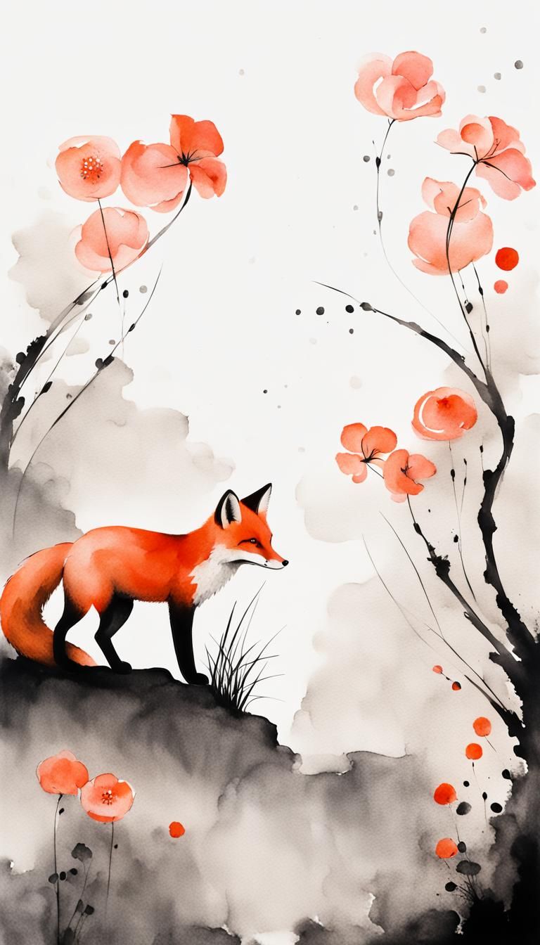 Minimalist Japanese Ink Painting of Fox with Flower