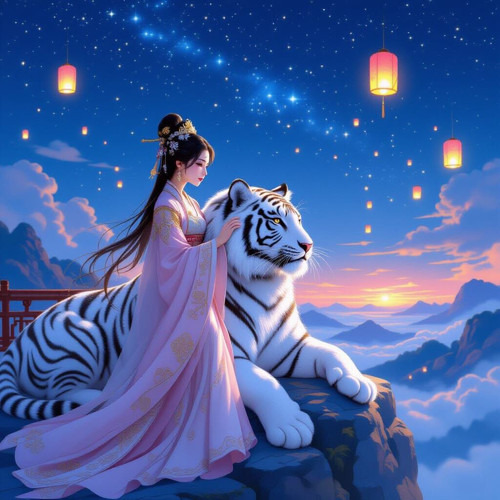 Princess and White Tiger Under Starry Sky