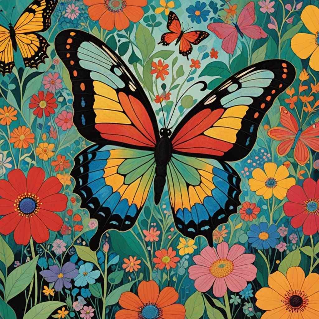 Vibrant Butterfly Amidst Exotic Blooms