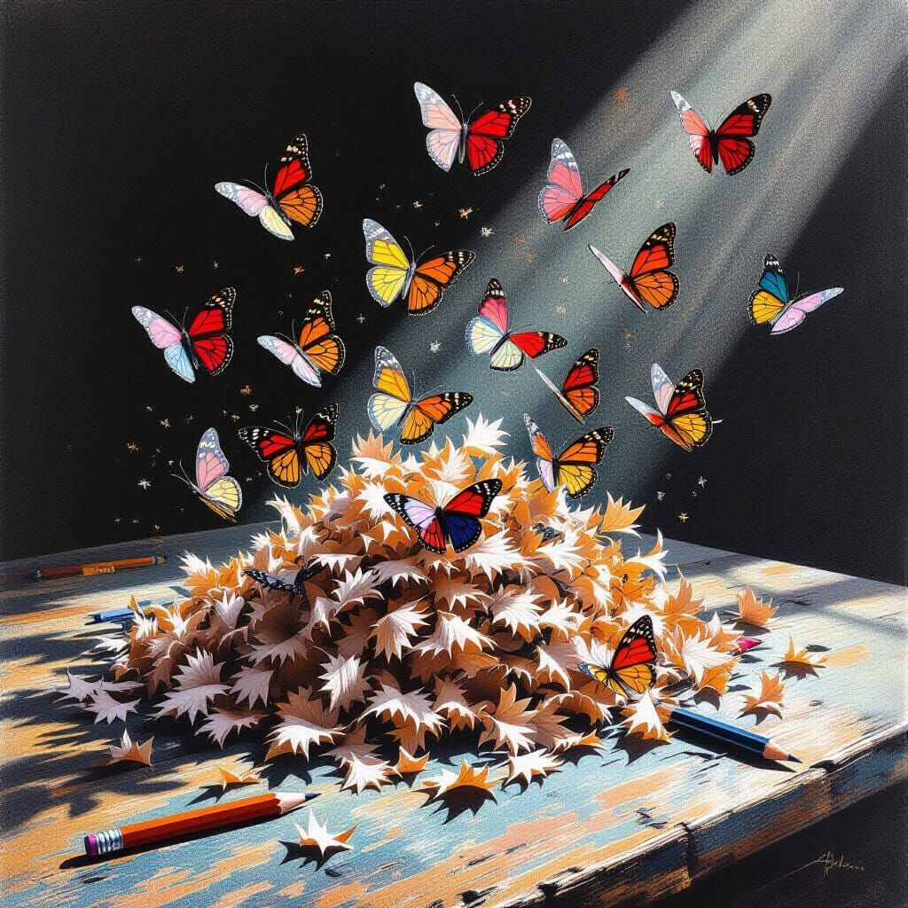 Butterflies Emerge From Pencil Shavings in Expressive Sketch...