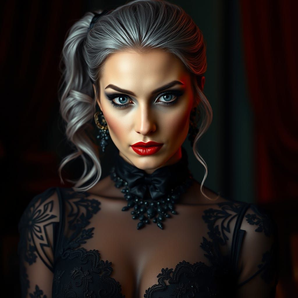 Elegant Grey Haired Woman in Luxurious Evening Gown