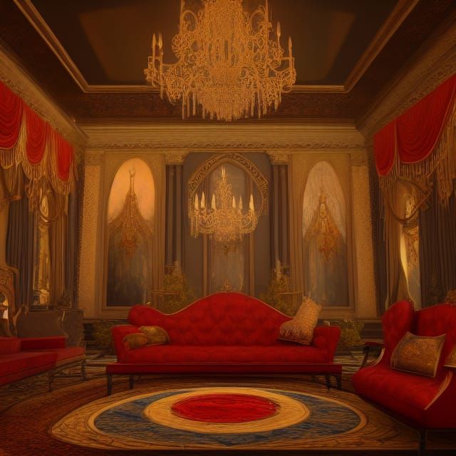 Luxurious Living Room with Chandelier in Contemporary Art St...