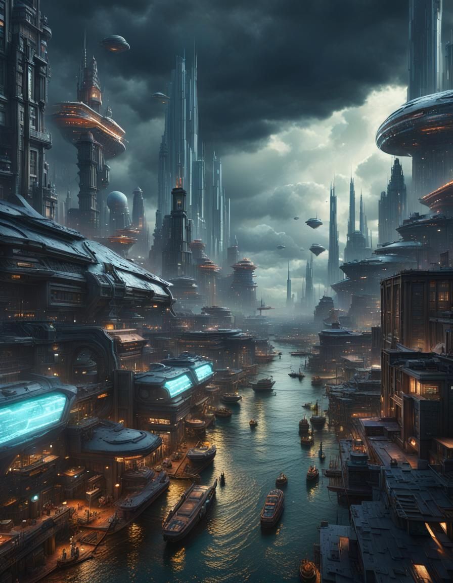 Futuristic Cityscape with Spaceships in Digital Art