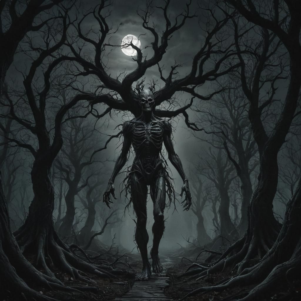 Dark Fantasy Forest Pathway Under Black Moon