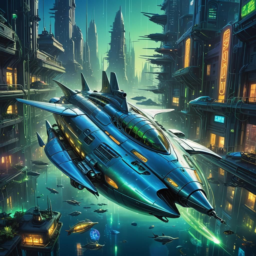 Futuristic Submarine Glides Through Underwater City