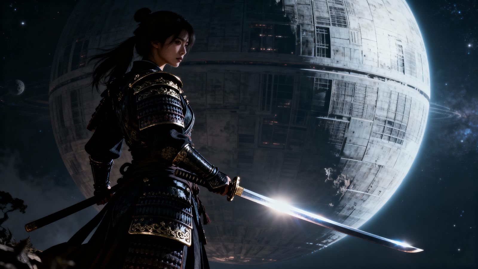 Female Samurai Warrior vs Death Star in Dark Fantasy HDR