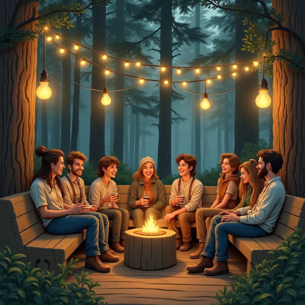 Friends Gathering in a Cozy Pine Wood Cafe