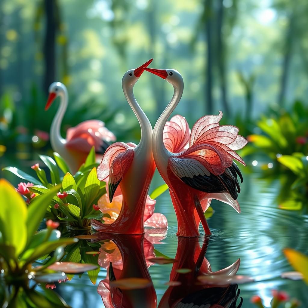 Enameled Glass Figurines: Women as Herons in Fractal Lake