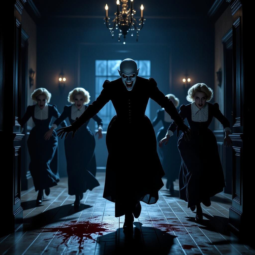 Gothic Horror: Count Orlok Attacks in Chiaroscuro Night