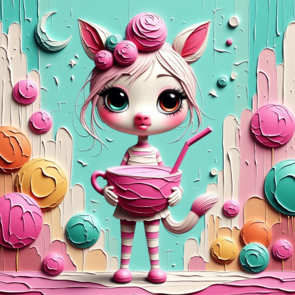 Cartoon Zebra Character with Boba Tea in Candy Land