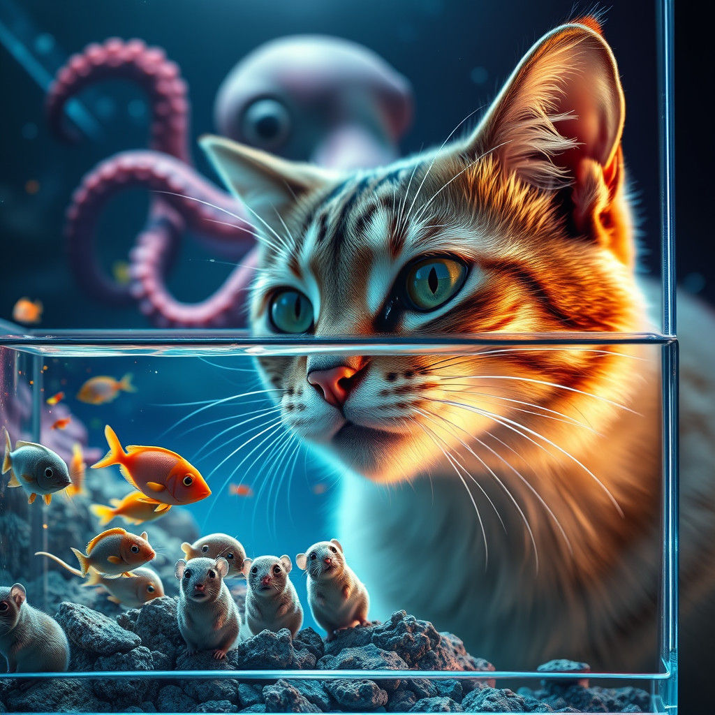 Feline Focused on Cosmic Aquarium Scene