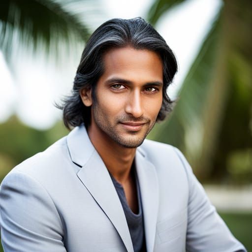 Handsome Indian Man with Long Black and Gray Hair