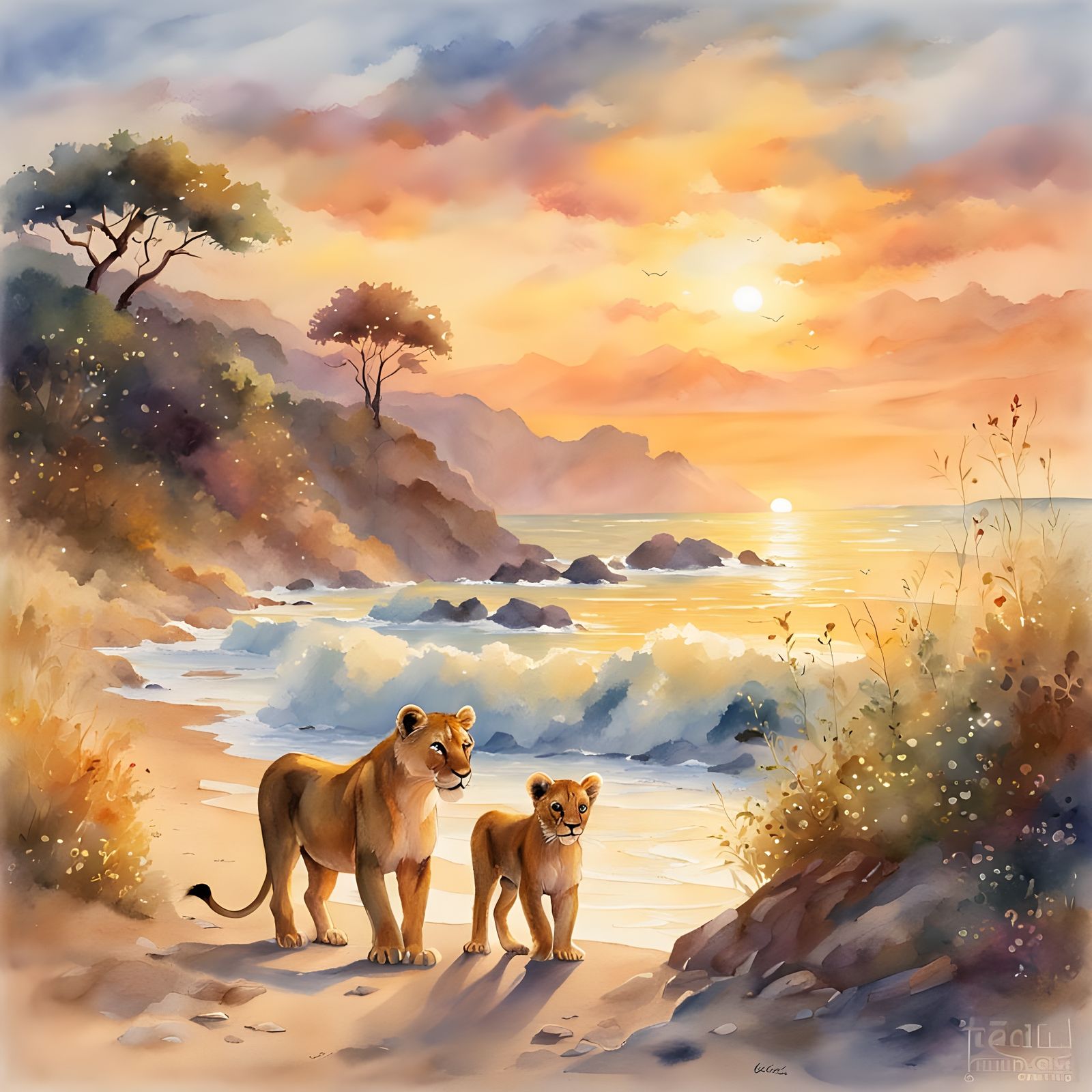Whimsical Lioness and Cub in Golden Hour Watercolor