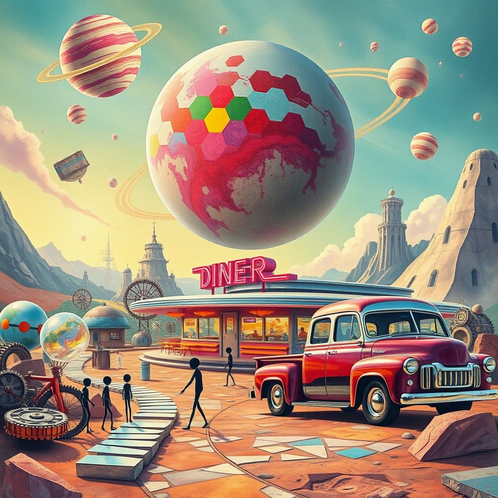 Vibrant Sci-Fi Diner in a Surreal Landscape