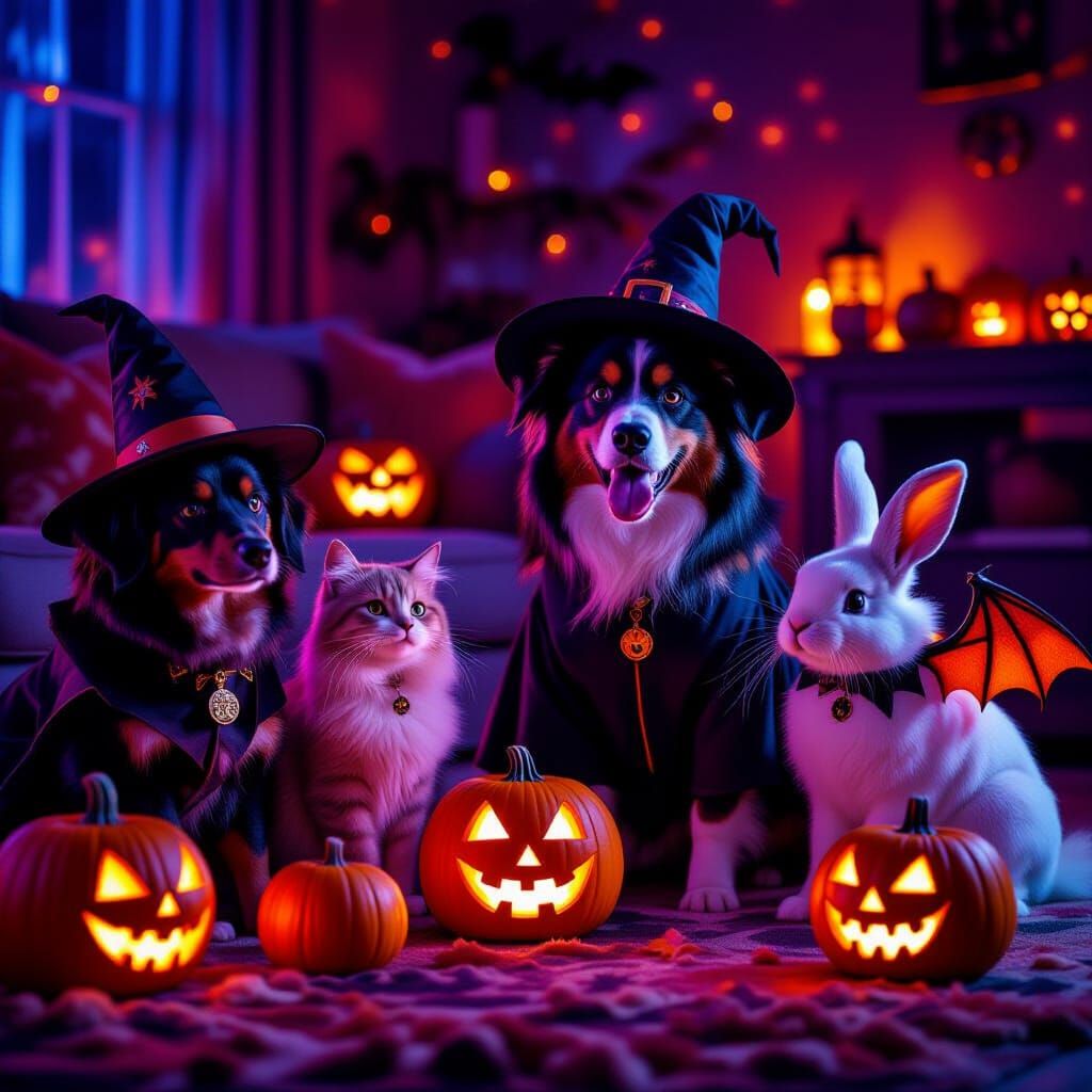 Animals in Halloween Costumes Party Scene