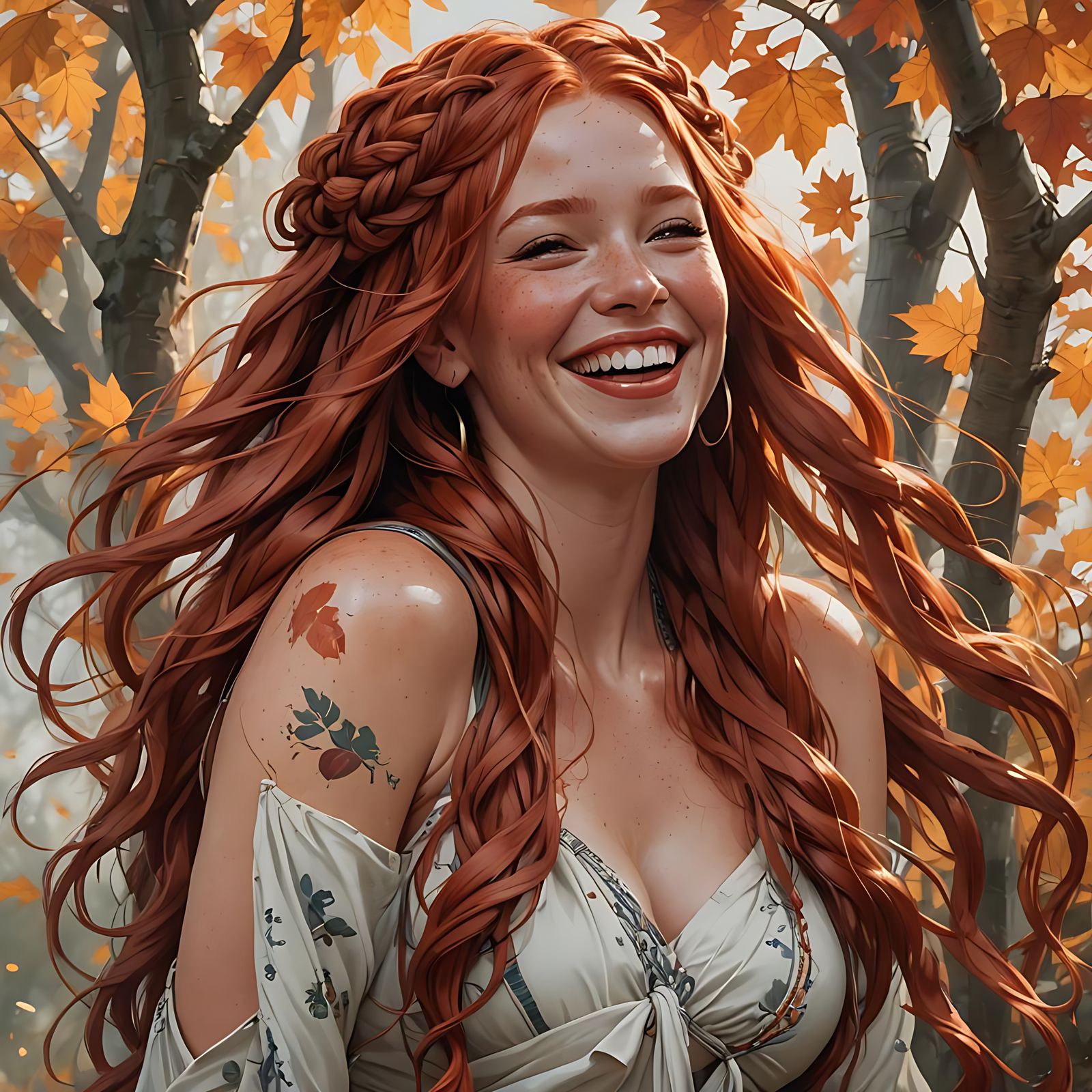 Happy Redhead Posing Near Waterfall