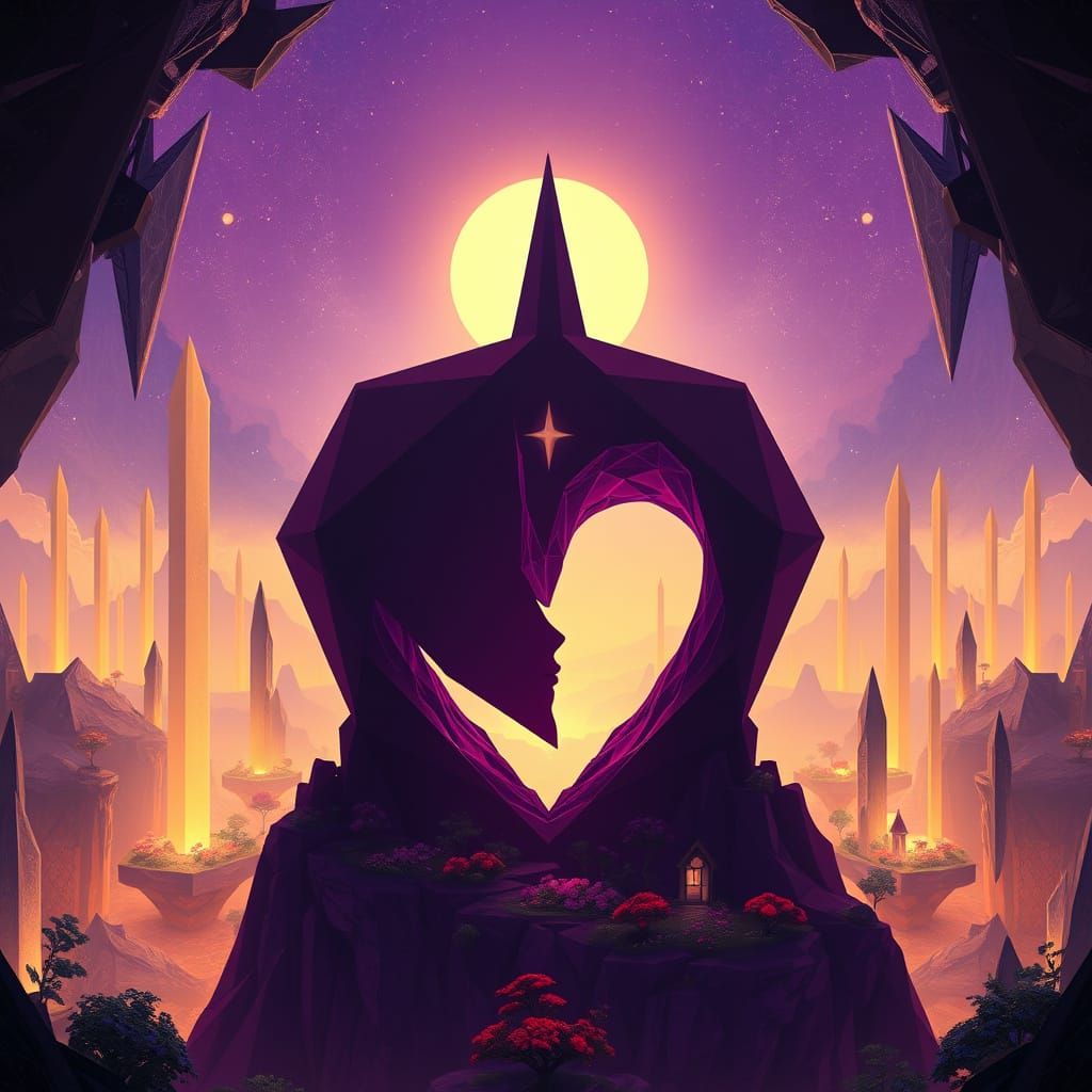 Icosahedron Geometry and Heart in Dark Fantasy Art