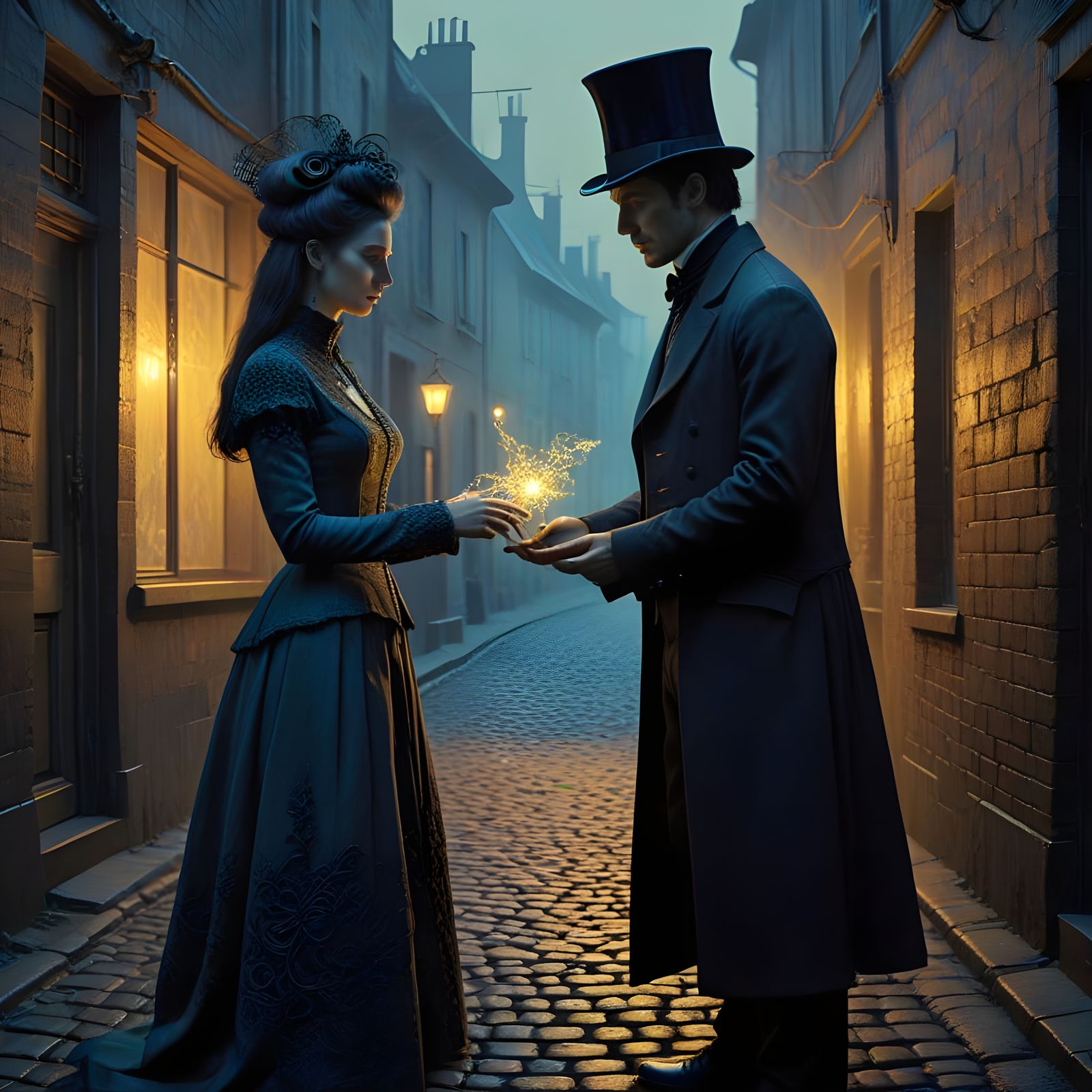 Elegant Victorian Lady Offers Assistance in a Dimly Lit, Cob...