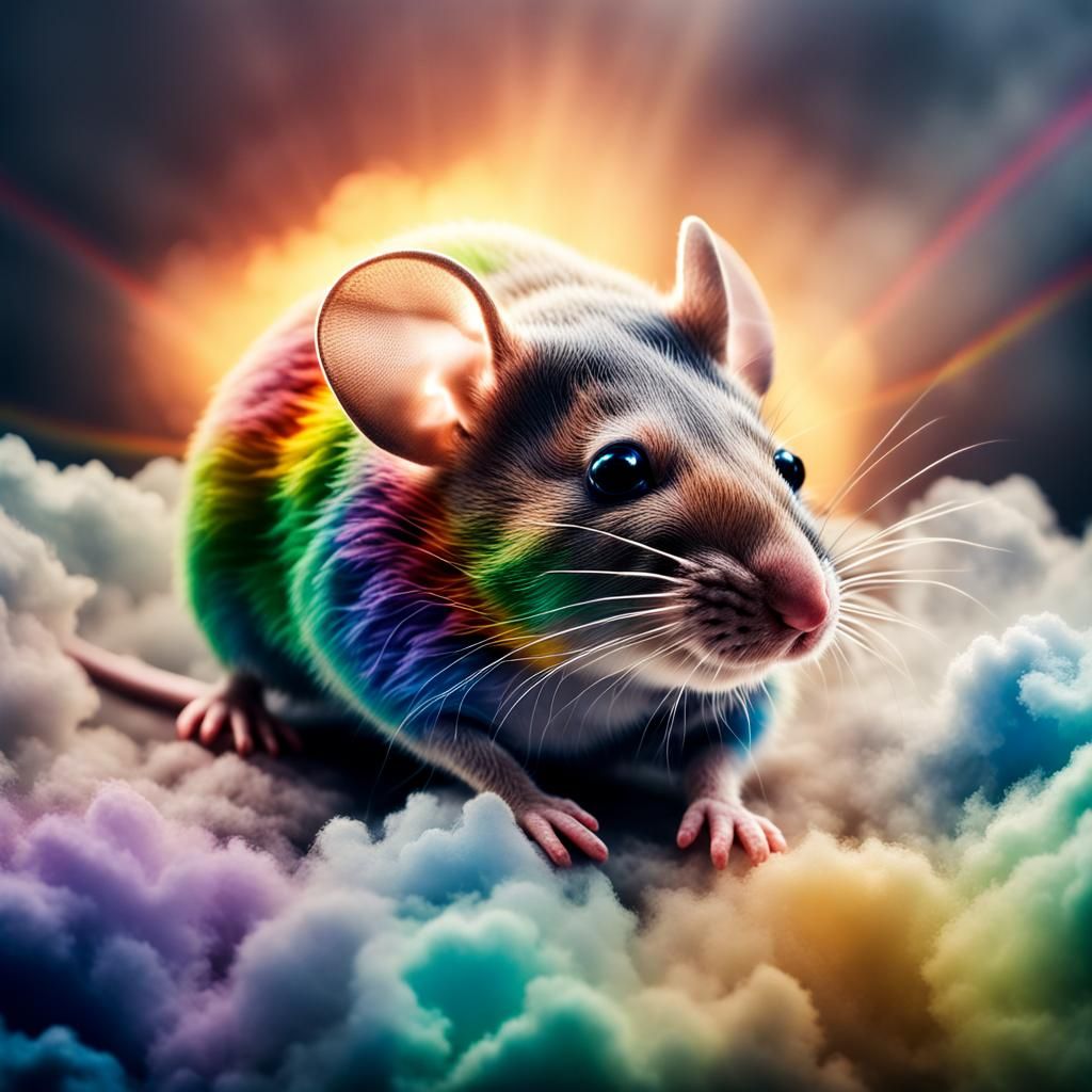 Rainbow colored mouse in clouds
