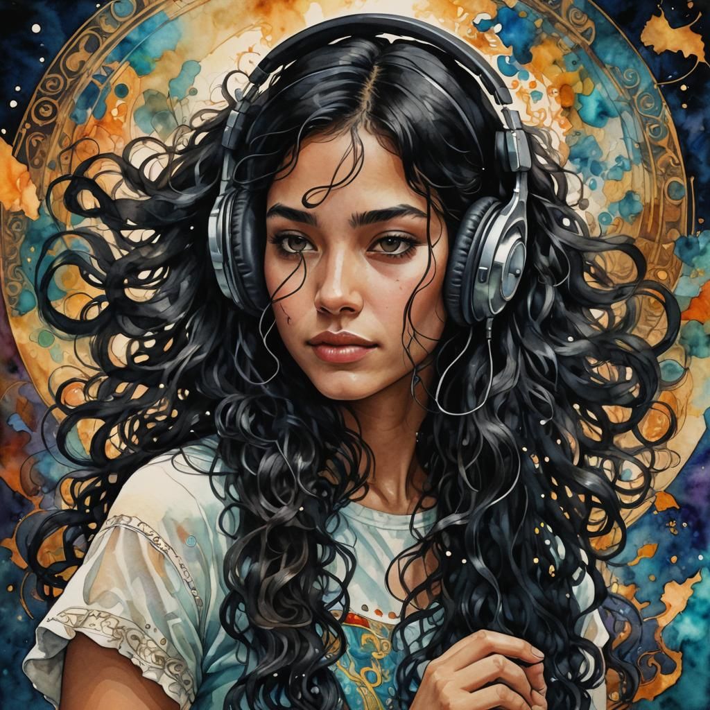 Latina Woman with Headphones in Dreamy Fairytale Setting