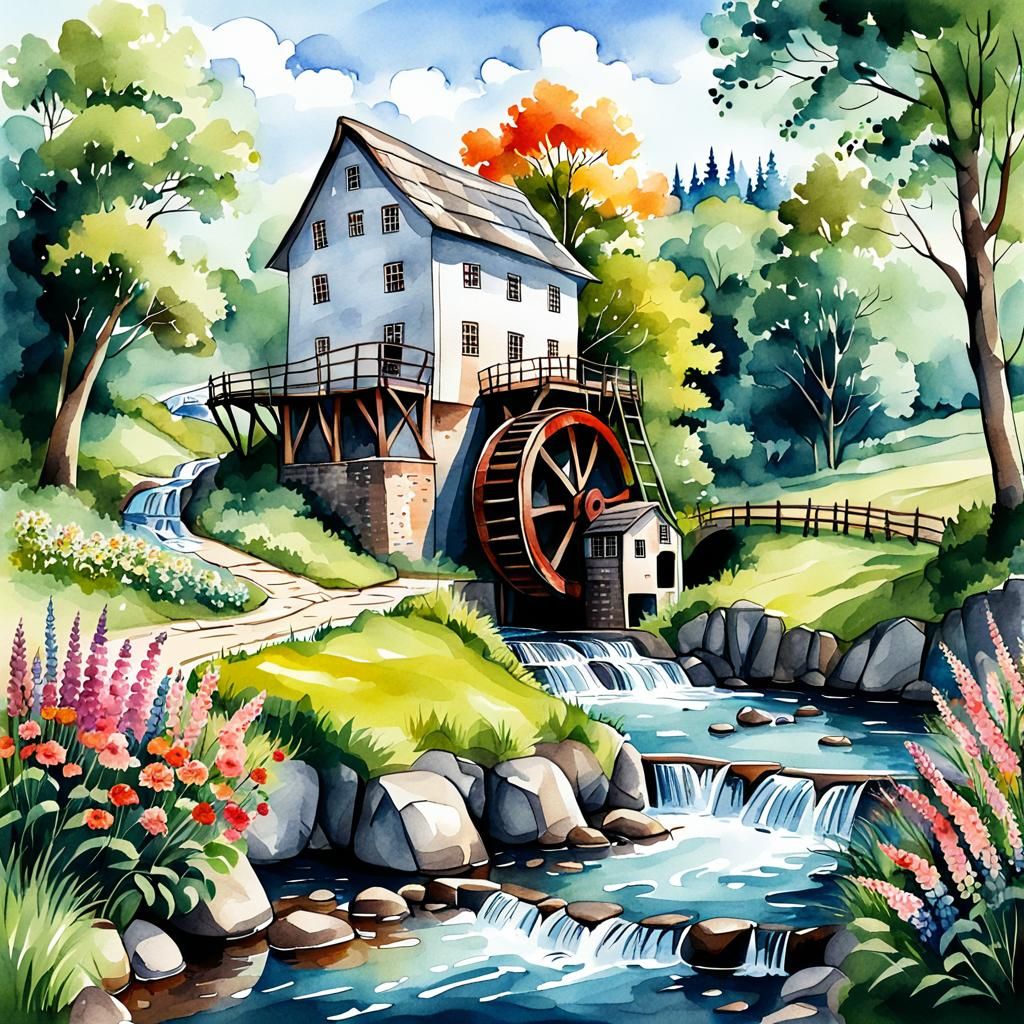 Watercolor Landscape with Mill and Stream Illustration