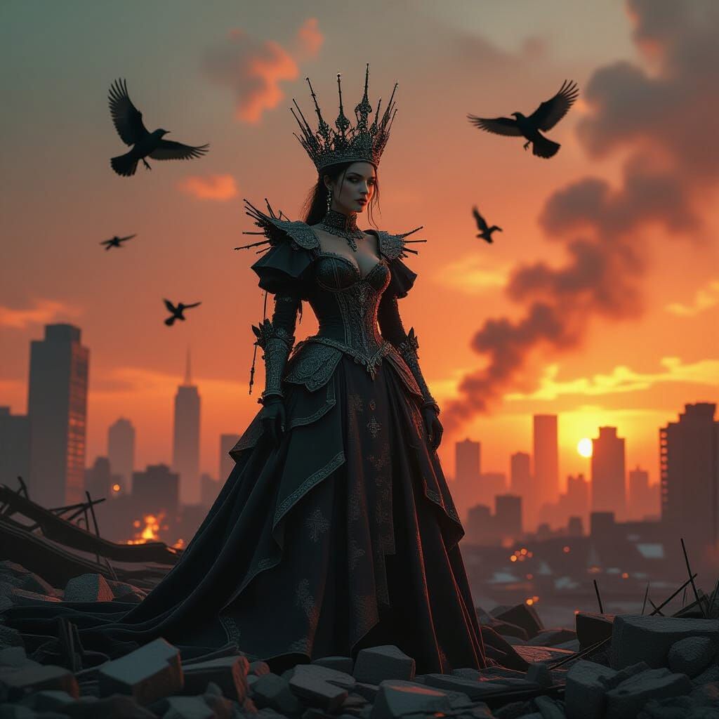 Dystopian Queen with Shattered Crown in Cyberpunk Style