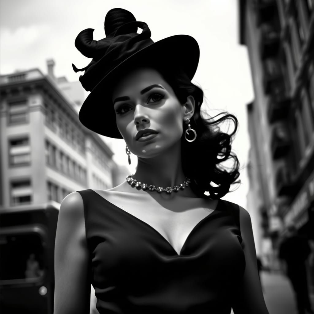 Elegant Woman in Vintage Cityscape: Black and White Photogra...