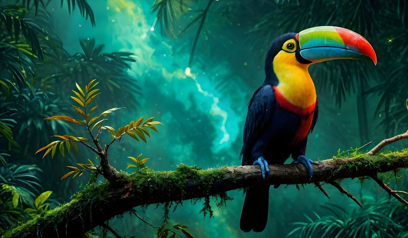 Vibrant Toucan Amidst Moonlit Jungle