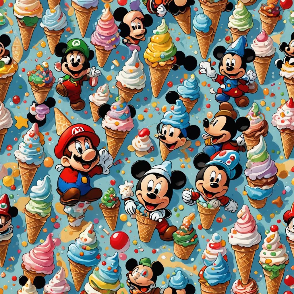 Mario and Mickey Mouse Share Ice Cream: Digital Art