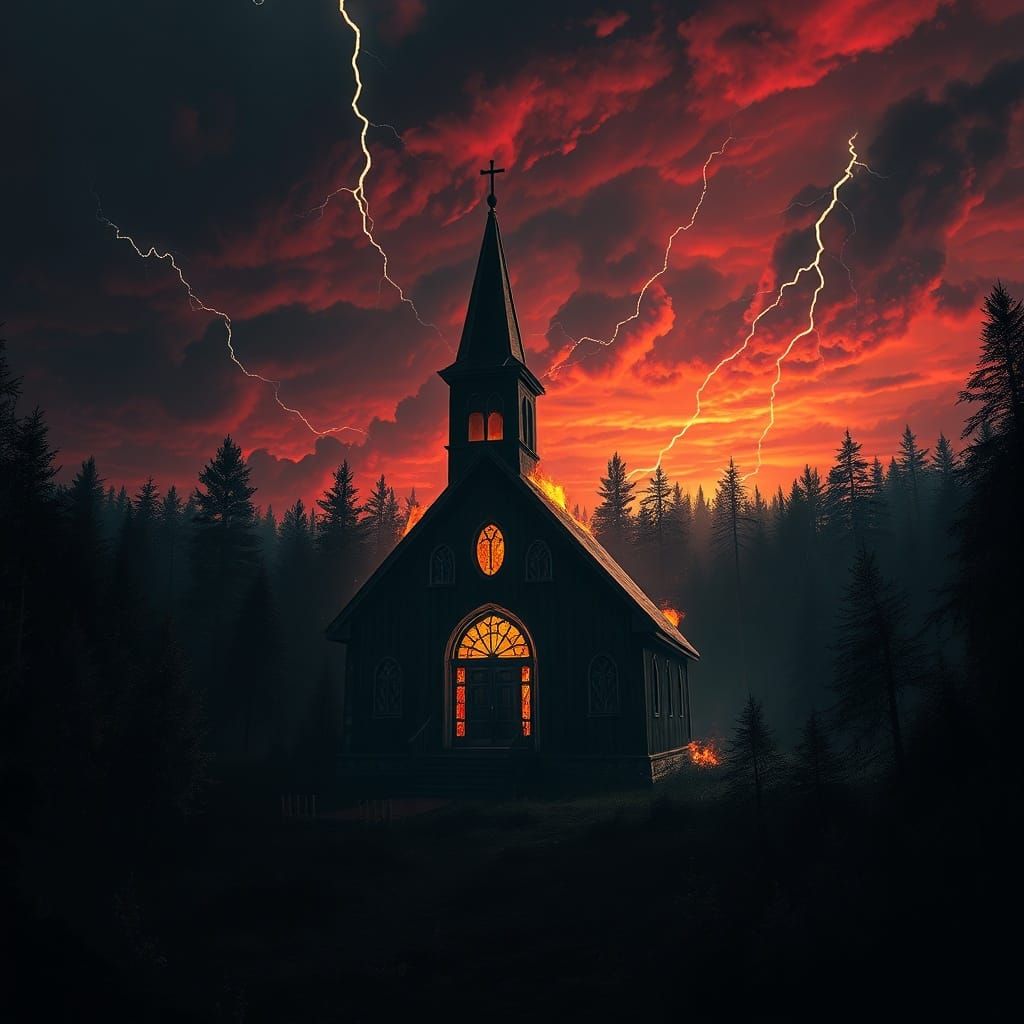 Sinister Church Fire at Stormy Sunset