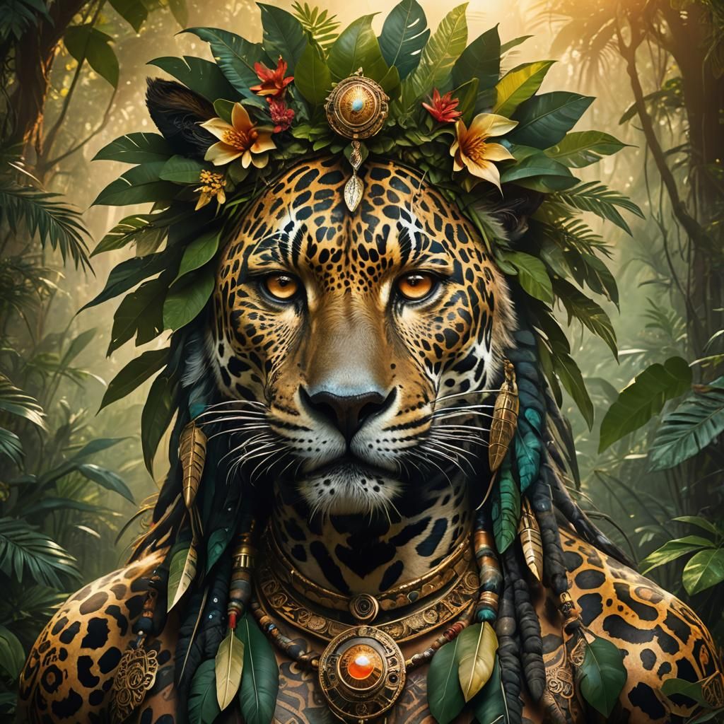 Mystical Jaguar Shaman in Lush Jungle Concept Art