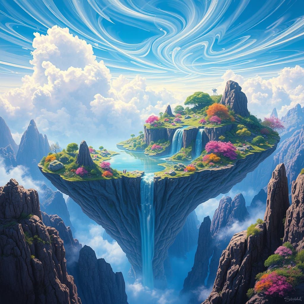 Surreal Floating Islands in a Dreamlike Blue Sky