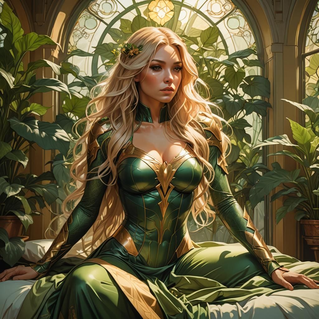 Superheroine in Cozy Room: Art Nouveau Style