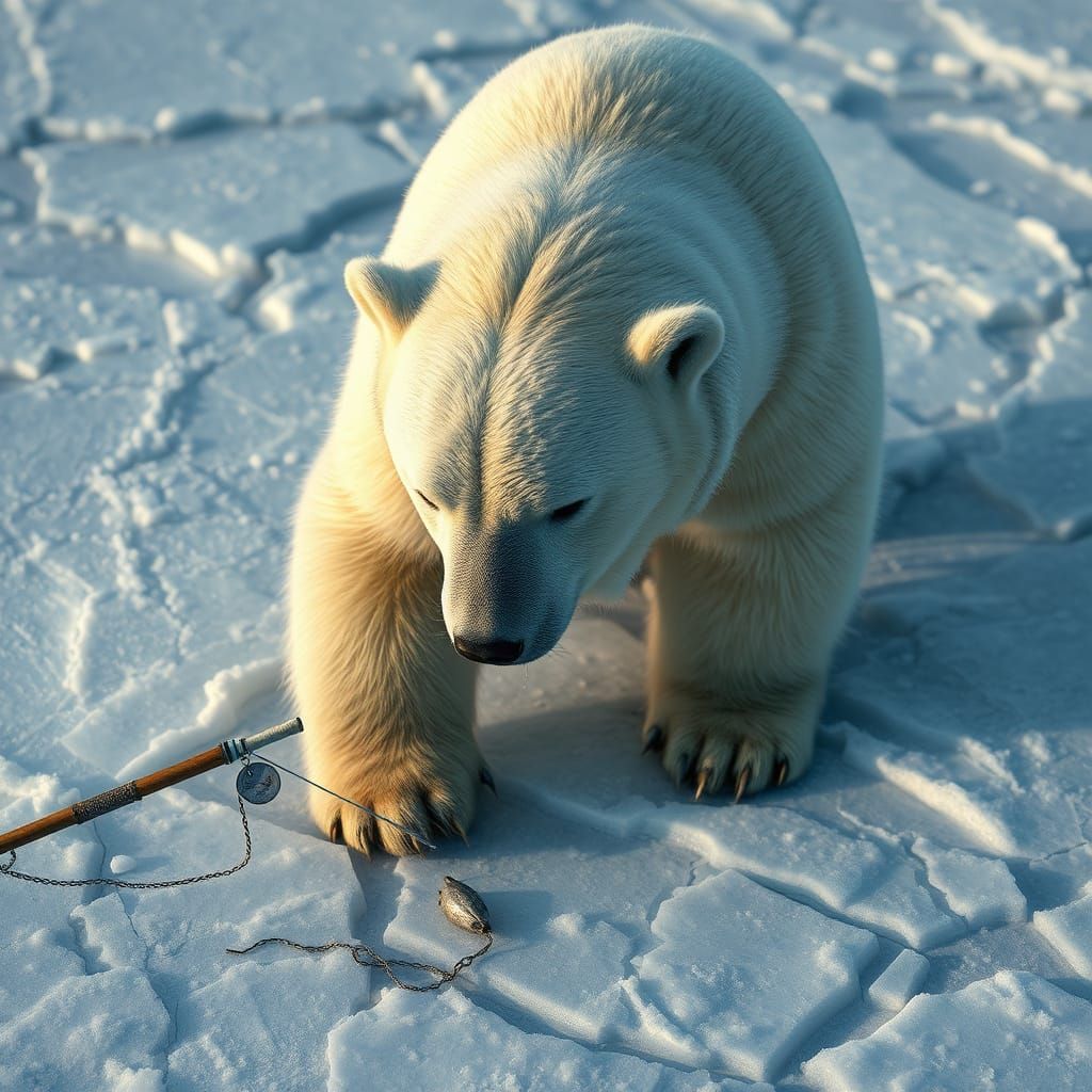 Hyperrealistic Polar Bear Fishing on Ice