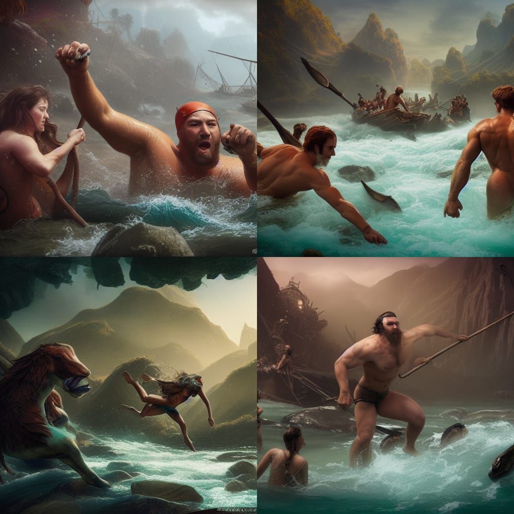 Fantasy Scene: Muscular Man Meets Amazons in Milk River