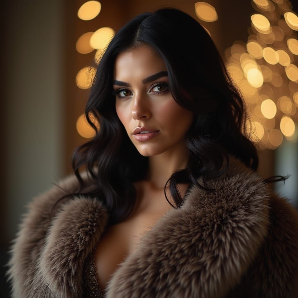 Luxurious Portrait of a Confident Woman in Fur Coat and High...