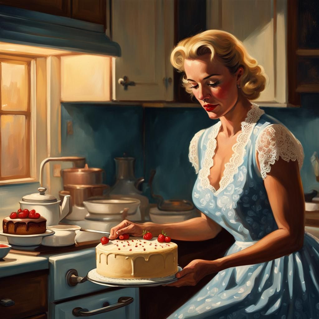 Warm Golden Lighting Illuminates a 1950s Kitchen Scene in Oi...