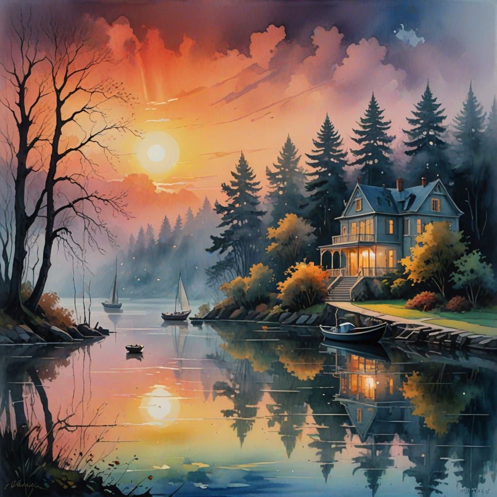 Allegorical Mansion by Foggy Lake at Sunrise