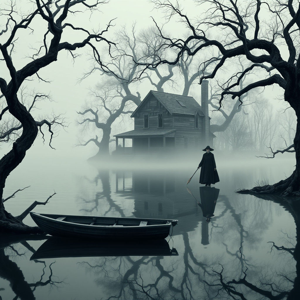 Eerie Lakeside Scene in Dark Fantasy Style