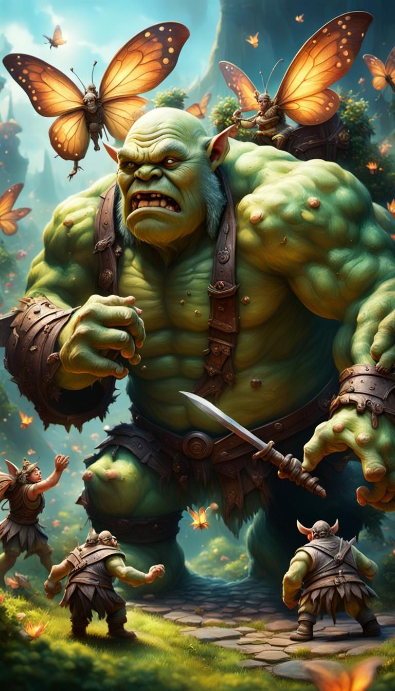 Giant ogres trying to catch tiny fairies. Hyper detailed HD ...