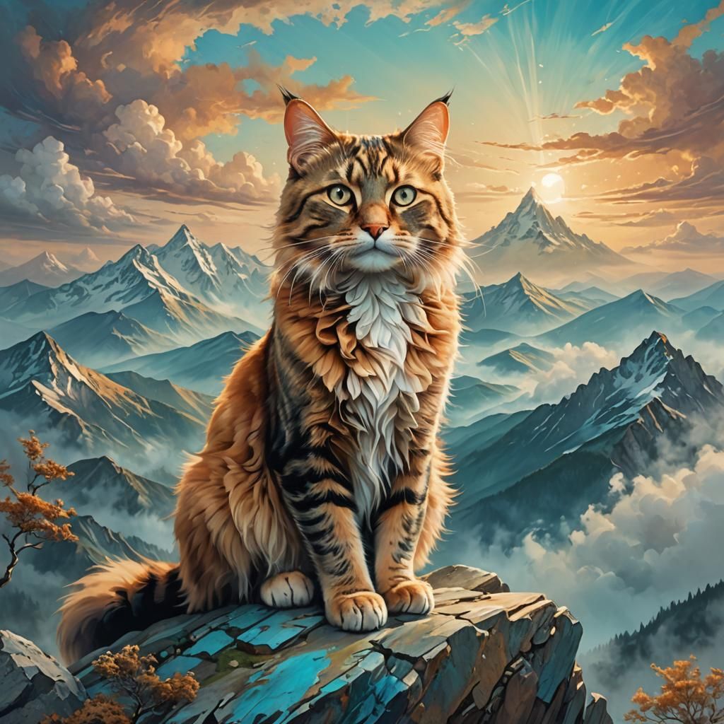 Cat on Mountain Peak in Fantasy Style