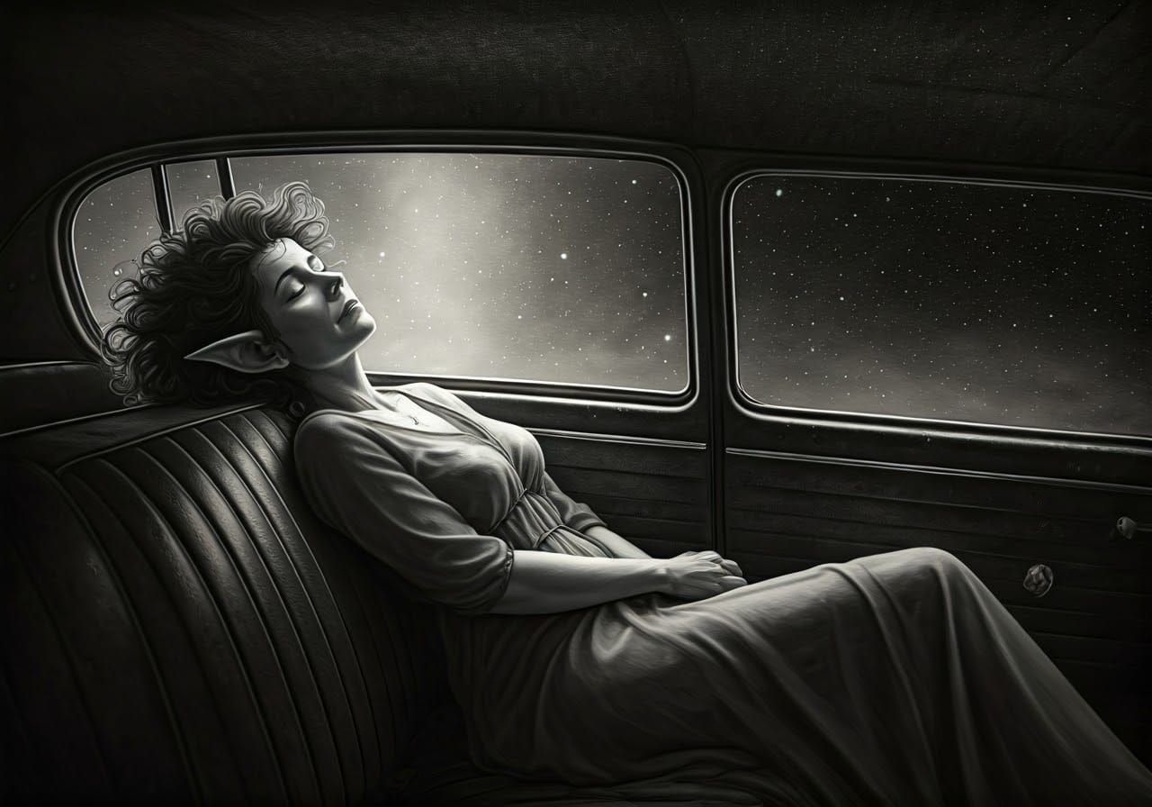 Elf Maiden Asleep in Car: Charcoal Drawing