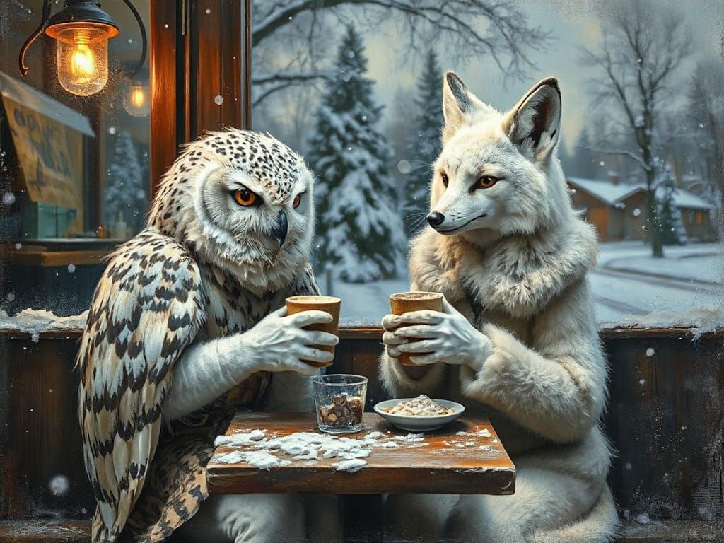 Cozy Cafe Scene with Anthropomorphic Animals