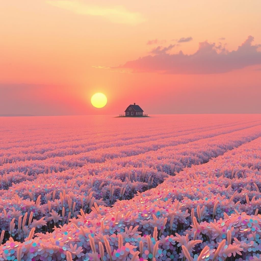 Pastel Sunset Over Sequined Field, Dreamy Digital Art