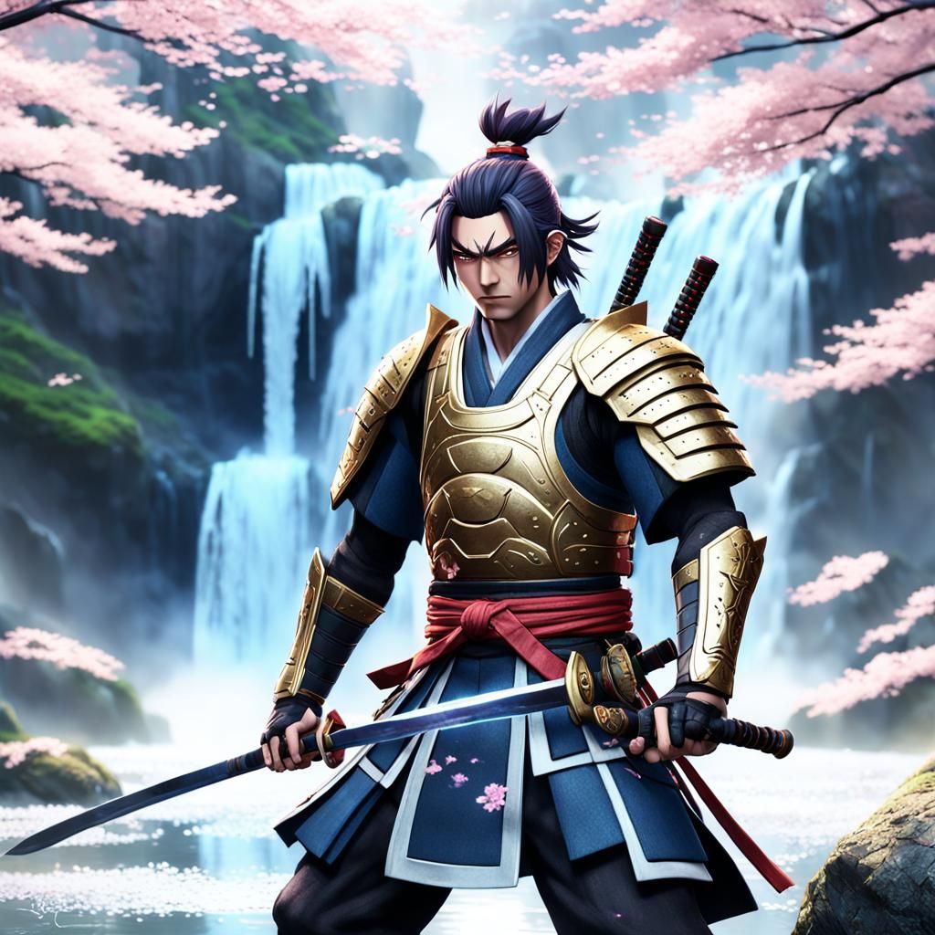 Samurai in Cherry Blossom Garden: 3D Anime Art