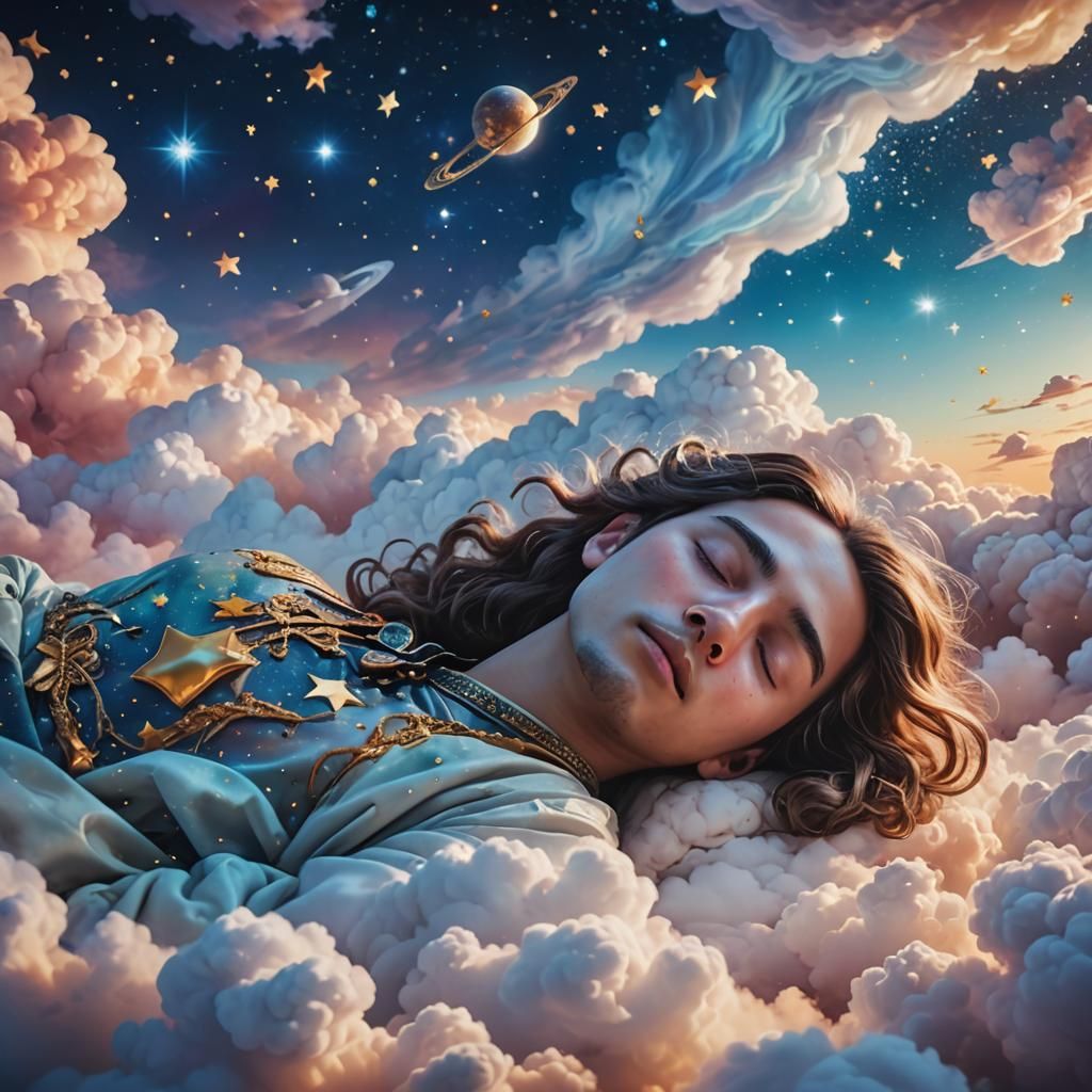 Dreamer Levitating in Stardust: A Surreal Dreamscape