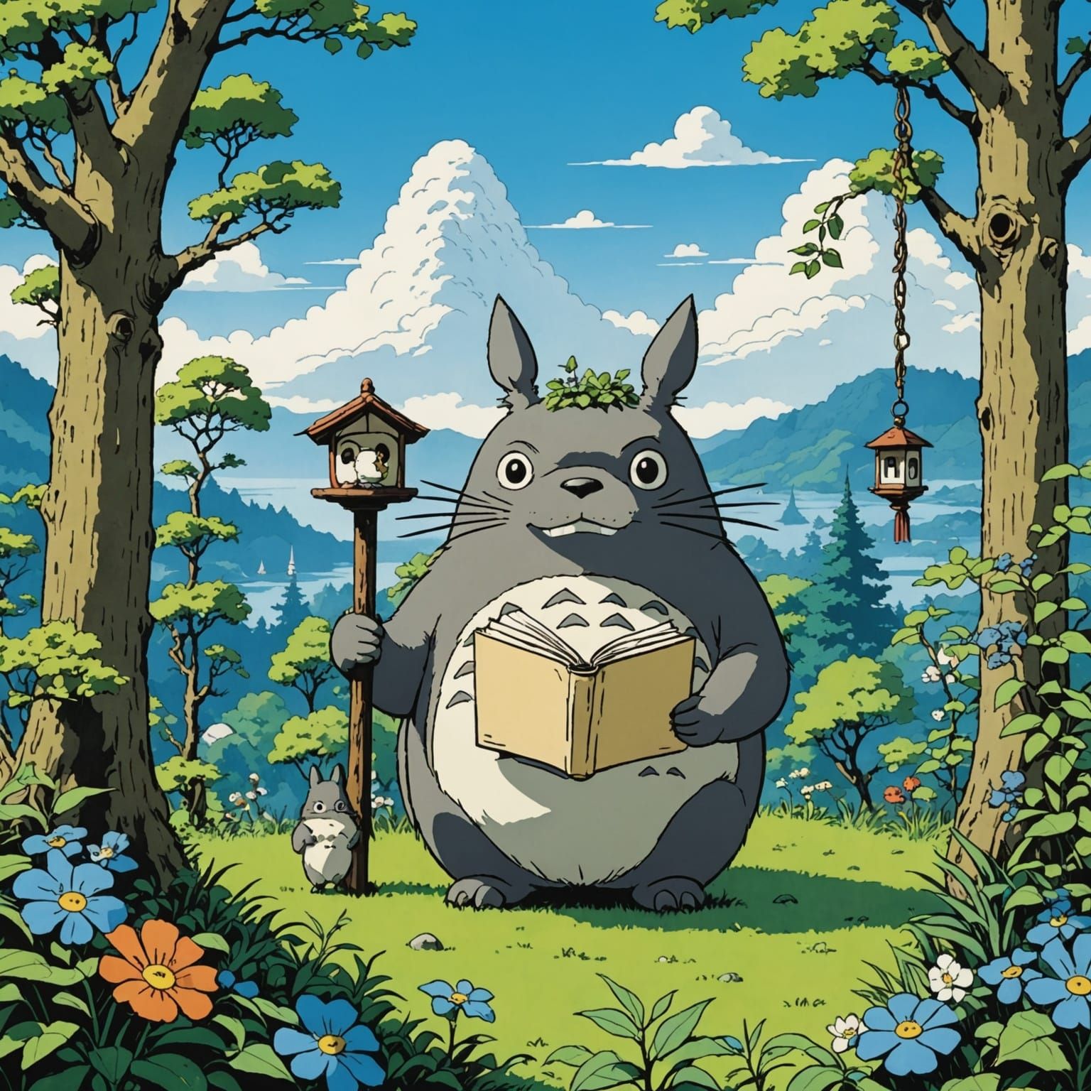 Totoro with Document in Watercolor Comic Style