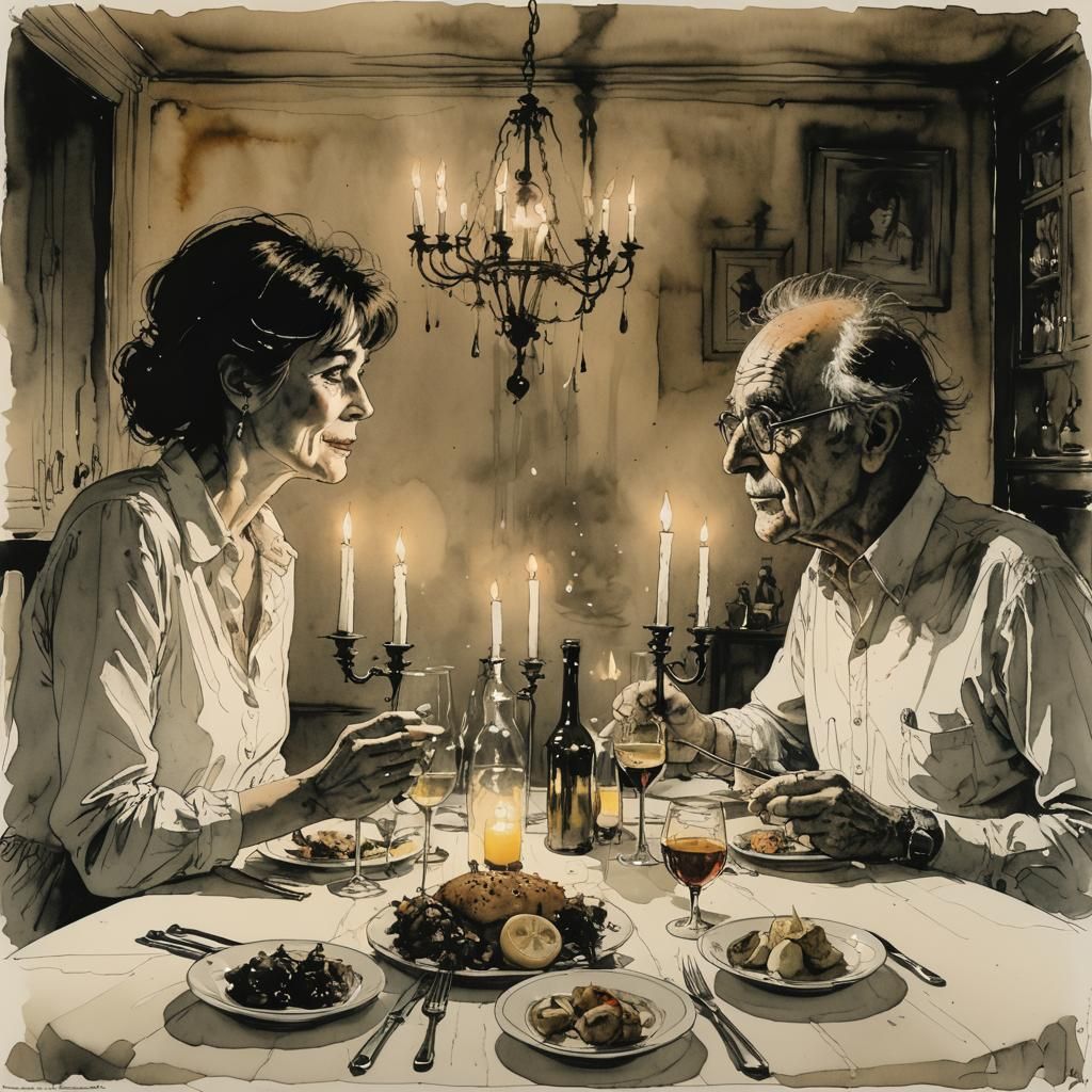 Couple's Candlelit Dinner in Ink Wash Style