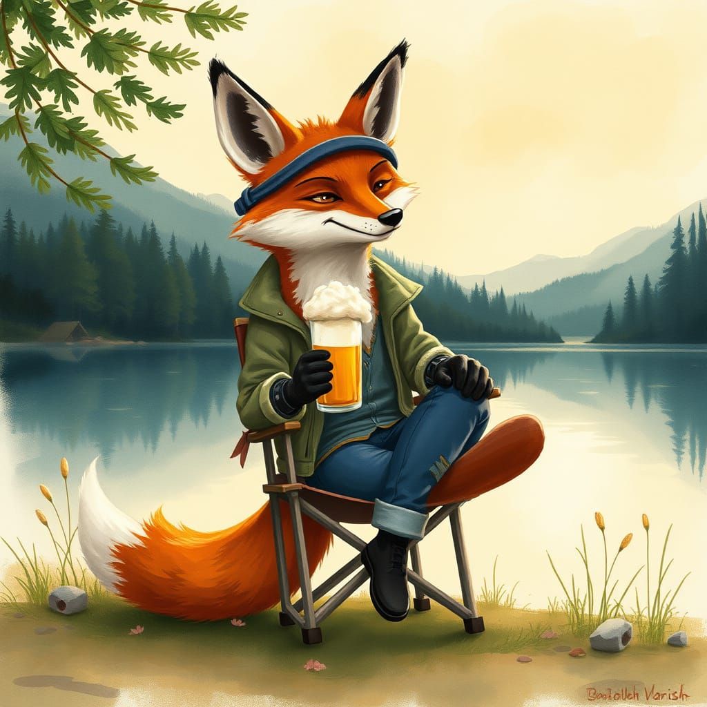 Fox Enjoying Beer by Lake in Watercolor Style