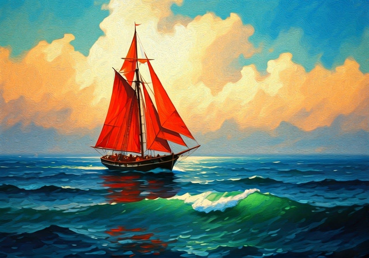Red Sailboat on Turbulent Sea: An Impasto Painting